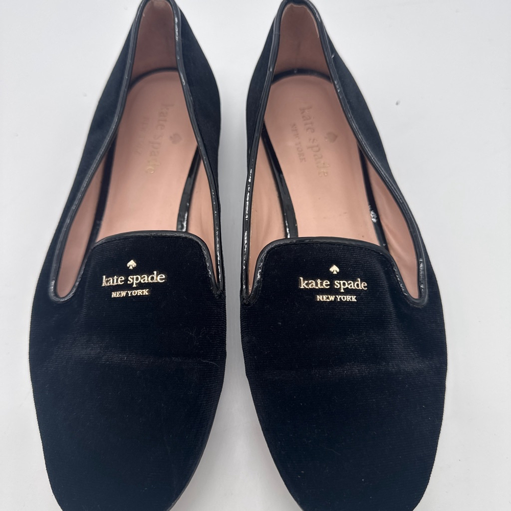 KATE SPADE Claudia Black Velvet Gold Logo Loafers US 7B